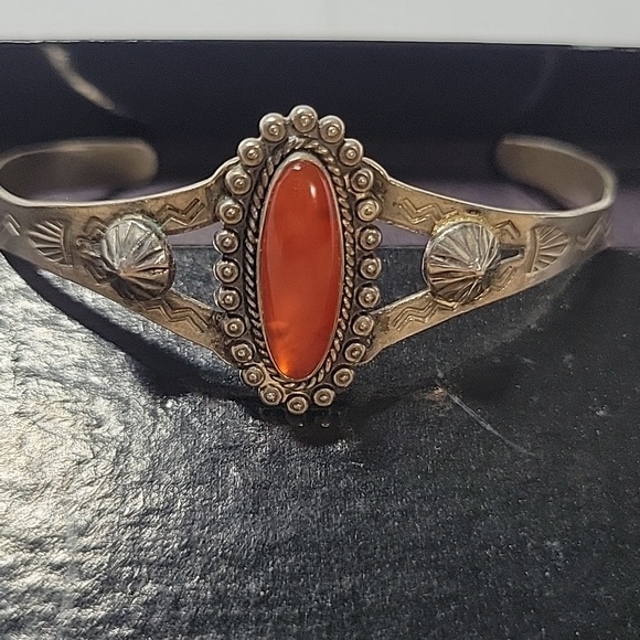 Jewelry - Sterling Silver Style Orange Oval Stone Cuff Bracelet